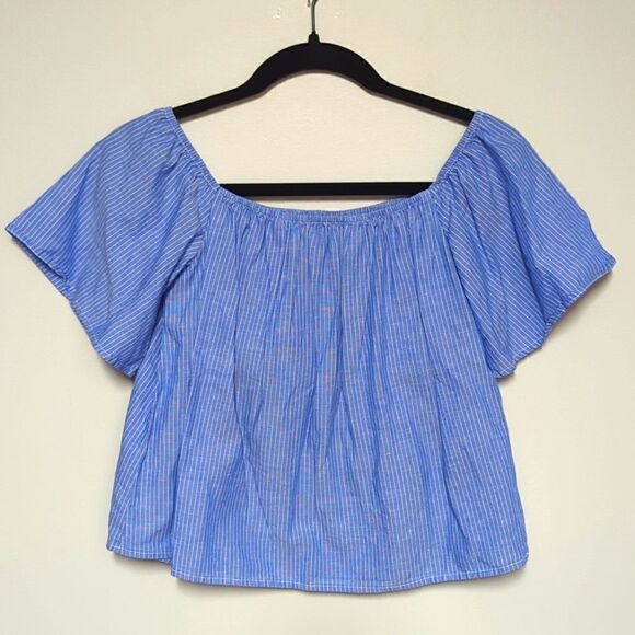 Express Blue Pin Striped Off the Shoulder Blouse - Picture 1 of 6